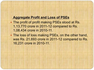 Aggregate Profit and Loss of PSEs 
 The profit of profit making PSEs stood at Rs. 
1,13,770 crore in 2011-12 compared to Rs. 
1,08,434 crore in 2010-11. 
 The loss of loss making PSEs, on the other hand, 
was Rs. 21,693 crore in 2011-12 compared to Rs. 
16,231 crore in 2010-11. 
 