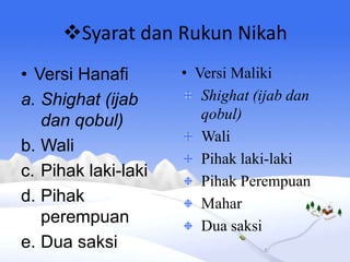 Syarat dan Rukun Nikah
• Versi Hanafi
a. Shighat (ijab
dan qobul)
b. Wali
c. Pihak laki-laki
d. Pihak
perempuan
e. Dua saksi
• Versi Maliki
Shighat (ijab dan
qobul)
Wali
Pihak laki-laki
Pihak Perempuan
Mahar
Dua saksi
 