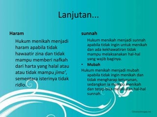 Lanjutan...
Haram
Hukum menikah menjadi
haram apabila tidak
hawaatir zina dan tidak
mampu memberi nafkah
dari harta yang halal atau
atau tidak mampu jima’,
sementara isterinya tidak
ridlo.
sunnah
Hukum menikah menjadi sunnah
apabila tidak ingin untuk menikah
dan ada kekhawatiran tidak
mampu melaksanakan hal-hal
yang wajib baginya.
• Mubah
Hukum menikah menjadi mubah
apabila tidak ingin menikah dan
tidak mengharap keturunan,
sedangkan ia mampu menikah
dan tetap bisa melakukan hal-hal
sunnah.
 