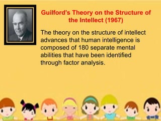 Guilford’s Theory on the Structure of
the Intellect (1967)
The theory on the structure of intellect
advances that human intelligence is
composed of 180 separate mental
abilities that have been identified
through factor analysis.
 