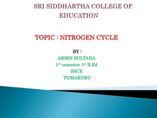 TOPIC : NITROGEN CYCLE
BY :
ARBIN SULTANA
1st semester 1st B.Ed
SSCE
TUMAKURU
 