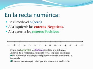 En la recta numérica:
 En el medio el 0 (cero)
 A la izquierda los enteros Negativos.
 A la derecha los enteros Positivos
-∞ -3 -2 -1 0 +1 +2 +3 +4 +5 +6 +∞-6 -5 -4
Como los Naturales los Enteros también son infinitos.
A partir de la representación en la recta, se puede decir que:
Un número es mayor que cualquier otro que se encuentra a su
izquierda;
Y menor que cualquier otro que se encuentra a su derecha.
 