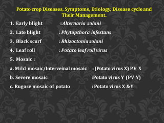 Potato crop Diseases, Symptoms, Etiology, Disease cycleand
Their Management.
: Alternaria solani
: Phytopthora infestans
: Rhizoctonia solani
: Potato leaf roll virus
1. Early blight
2. Late blight
3. Black scurf
4. Leaf roll
5. Mosaic :
a. Mild mosaic/Interveinal mosaic
b. Severe mosaic
c. Rugose mosaic of potato
: (Potato virus X) PV X
:Potato virus Y (PV Y)
: Potato virus X &Y
 