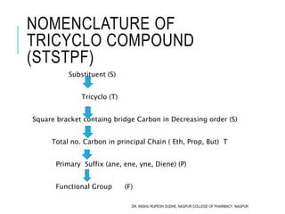 NOMENCLATURE OF
TRICYCLO COMPOUND
(STSTPF)
Substituent (S)
Tricyclo (T)
Square bracket containg bridge Carbon in Decreasing order (S)
Total no. Carbon in principal Chain ( Eth, Prop, But) T
Primary Suffix (ane, ene, yne, Diene) (P)
Functional Group (F)
DR. ANSHU RUPESH DUDHE, NAGPUR COLLEGE OF PHARMACY, NAGPUR
 
