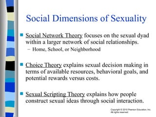 Social Dimensions of Sexuality Social Network Theory  focuses on the sexual dyad within a larger network of social relationships. Home, School, or Neighborhood Choice Theory  explains sexual decision making in terms of available resources, behavioral goals, and potential rewards versus costs. Sexual Scripting Theory  explains how people construct sexual ideas through social interaction. 
