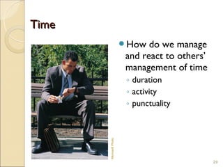 Time
                         How  do we manage
                         and react to others’
                         management of time
                          ◦ duration
                          ◦ activity
                          ◦ punctuality
       Microsoft Photo




                                                20
 