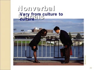 Nonverbal
Vary from culture to
Signals
culture




                       Microsoft Photo
                                         22
 