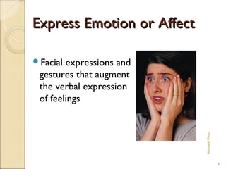 Express Emotion or Affect

Facial expressions and
 gestures that augment
 the verbal expression
 of feelings




                            Microsoft Photo
                                              9
 
