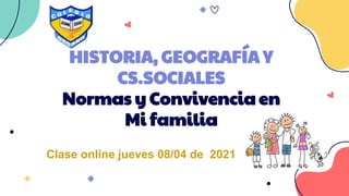 HISTORIA, GEOGRAFÍA Y
CS.SOCIALES
Normas y Convivencia en
Mi familia
Clase online jueves 08/04 de 2021
 