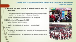 COMPROMISO 8: Implementación del Plan Anual de Trabajo en las Instituciones
Educativas Públicas.
b) Balance del Año Escolar y Responsabilidad por los
resultados.
. Tercera Jornada de reflexión, balance y rendición de cuentas en
relación a los compromisos e indicadores de gestión.
. Día del Logro en el marco de la clausura del año escolar.
IV. Distribución del Tiempo en las IIEE
. Calendarización del año escolar.
. Cuadro de Distribución de Secciones y Horas de Clase.
V. Anexos
. Acciones de contingencia para la gestión del riesgos de desastres
en las IIEE.
. Actividades del CONEI, de la APAFA, uso de recursos propios entre
otros.
 