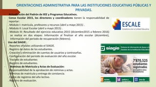 ORIENTACIONES ADMINISTRATIVA PARA LAS INSTITUCIONES EDUCATIVAS PÚBLICAS Y
PRIVADAS.
- Actualización del Padrón de IIEE y Programas Educativos.
- Censo Escolar 2015, los directores y coordinadores tienen la responsabilidad de
reportar:
. Módulo I: matrícula, profesores y recursos (abril a mayo 2015) .
. Módulo II: Local Escolar (abril a mayo 2015) .
. Módulo III: Resultado del ejercicio educativo 2015 (diciembre2015 a febrero 2016)
se realiza en dos etapas: Información al finalizar el año escolar (diciembre),
Información del periodo de recuperación (febrero).
- Uso del SIAGIE:
. Reportes oficiales utilizando el SIAGIE.
. Registro de datos de los estudiantes.
. Creación y eliminación de cuentas de usuarios y contraseñas.
. Configuración del periodo de evaluación del año escolar.
. Traslado de estudiantes
. Registro de estudiantes.
- Nóminas de Matrícula y Actas de Evaluación:
. Responsabilidad de la aprobación de nóminas y actas.
. Nóminas de matrícula y entrega de constancia.
. Cierre de registros del año lectivo.
. Registro de evaluación.
 