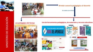 MINISTERIODEEDUCACIÓN
Brindar asesoría pedagógica al docente
Se realiza con énfasis
uso pedagógico del tiempo Uso de herramientas pedagógicas, de materiales y recursos educativos
 