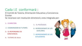 Cada I.E conformará :
El Comité de Tutoría, Orientación Educativa y Convivencia
Escolar.
Se reconoce con resolución directoral y esta integrada por:
1.- El DIRECTOR.
2.- COORDINADOR DE TUTORÍA.
3.- EL RESPONSABLE DE
CONVIVENCIA.
4.- TUTORES DE AULA.
5.- EL PSICÓLOGO.
6.- REPRESENTANTE DE LOS
AUXILIARES.
7.- REPRESENTANTE DE LOS
ESTUDIANTES
 