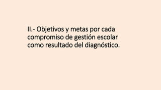 II.- Objetivos y metas por cada
compromiso de gestión escolar
como resultado del diagnóstico.
 