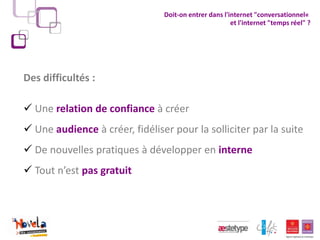 Doit-on entrer dans l'internet "conversationnel«
                                                       et l'internet "temps réel" ?




Des difficultés :

 Une relation de confiance à créer
 Une audience à créer, fidéliser pour la solliciter par la suite
 De nouvelles pratiques à développer en interne
 Tout n’est pas gratuit
 