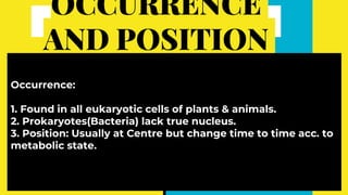 OCCURRENCE
AND POSITION
Occurrence:
1. Found in all eukaryotic cells of plants & animals.
2. Prokaryotes(Bacteria) lack true nucleus.
3. Position: Usually at Centre but change time to time acc. to
metabolic state.
 