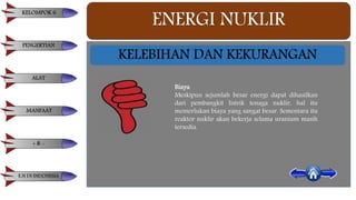 ENERGI NUKLIR
KELEBIHAN DAN KEKURANGAN
Biaya
Meskipun sejumlah besar energi dapat dihasilkan
dari pembangkit listrik tenaga nuklir, hal itu
memerlukan biaya yang sangat besar. Sementara itu
reaktor nuklir akan bekerja selama uranium masih
tersedia.
KELOMPOK 6
PENGERTIAN
ALAT
MANFAAT
+ & -
E.N DI INDONESIA
 