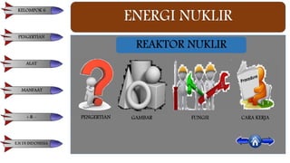 ENERGI NUKLIR
REAKTOR NUKLIR
PENGERTIAN GAMBAR CARA KERJAFUNGSI
KELOMPOK 6
PENGERTIAN
ALAT
MANFAAT
+ & -
E.N DI INDONESIA
 