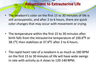 Adjustment to Extrauterine Life
• The newborn’s color on the first 15 to 30 minutes of life is
still acrocyanotic, and after 2 to 6 hours, there are quick
color changes that may occur with movement or crying.
• The temperature within the first 15 to 30 minutes after
birth falls from the intrauterine temperature of 100.6⁰F or
38.1⁰C then stabilizes at 37.6⁰C after 2 to 6 hours.
• The rapid heart rate of a newborn is as much as 180 BPM
on the first 15 to 30 minutes of life will have wide swings
in rate with activity as it slows to 120-140 BPM.
 