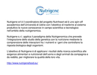 Nutrigene srl è il coordinatore del progetto Nutriheart ed è uno spin-off
accademico dell’Università di Udine con l’obiettivo di trasferire al sistema
produttivo le nuove conoscenze in campo scientifico e tecnologico
nell’ambito della nutrigenomica.
Nutrigene s.r.l. applica il paradigma della Nutrigenomica che prevede
l’integrazione dello studio della genetica con la nutrizione mediante la
comprensione delle interazioni fra i nutrienti e i geni che controllano la
risposta biologica degli organismi.
L’obiettivo di Nutrigene è di applicare i risultati della ricerca scientifica alle
esigenze alimentari e nutrizionali dell’uomo e degli animali da compagnia e
da reddito, per migliorare la qualità della loro vita.
http://www.nutrigenefood.eu/
 