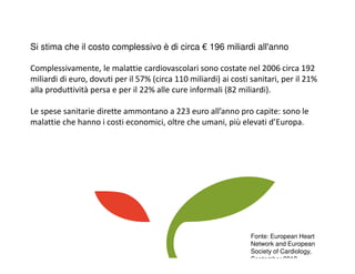 Si stima che il costo complessivo è di circa € 196 miliardi all'anno
Complessivamente, le malattie cardiovascolari sono costate nel 2006 circa 192
miliardi di euro, dovuti per il 57% (circa 110 miliardi) ai costi sanitari, per il 21%
alla produttività persa e per il 22% alle cure informali (82 miliardi).
Le spese sanitarie dirette ammontano a 223 euro all’anno pro capite: sono le
malattie che hanno i costi economici, oltre che umani, più elevati d’Europa.
Fonte: European Heart
Network and European
Society of Cardiology,
September 2012
 
