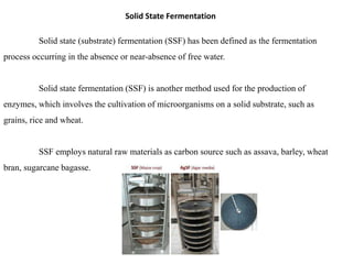 Solid State Fermentation
Solid state (substrate) fermentation (SSF) has been defined as the fermentation
process occurring in the absence or near-absence of free water.
Solid state fermentation (SSF) is another method used for the production of
enzymes, which involves the cultivation of microorganisms on a solid substrate, such as
grains, rice and wheat.
SSF employs natural raw materials as carbon source such as assava, barley, wheat
bran, sugarcane bagasse.
 