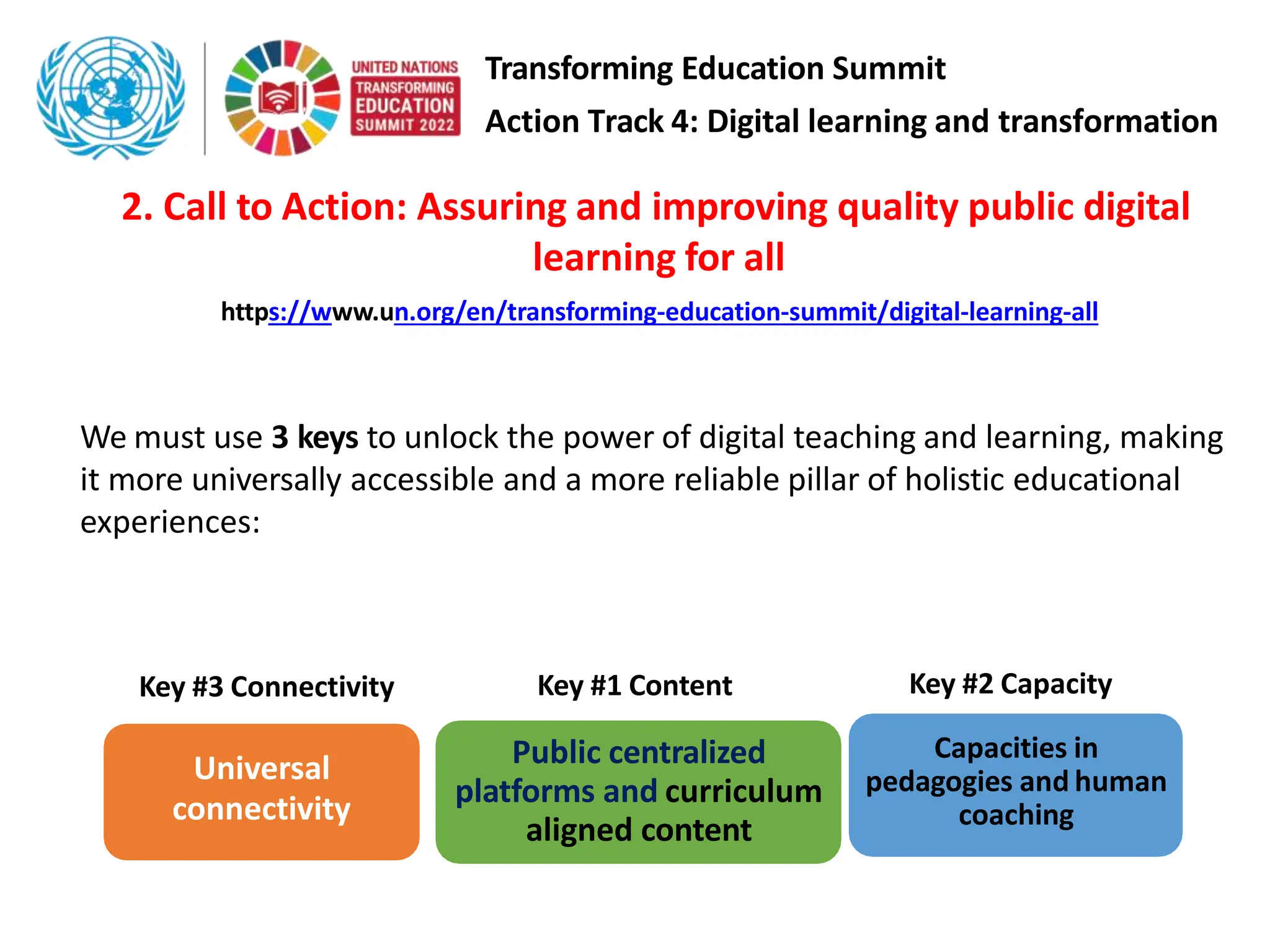 2. Call to Action: Assuring and improving quality public digital
learning for all
https://www.un.org/en/transforming-education-summit/digital-learning-all
We must use 3 keys to unlock the power of digital teaching and learning, making
it more universally accessible and a more reliable pillar of holistic educational
experiences:
Capacities in
pedagogies and human
coaching
Public centralized
platforms and curriculum
aligned content
Universal
connectivity
Key #1 Content Key #2 Capacity
Key #3 Connectivity
Transforming Education Summit
Action Track 4: Digital learning and transformation
 