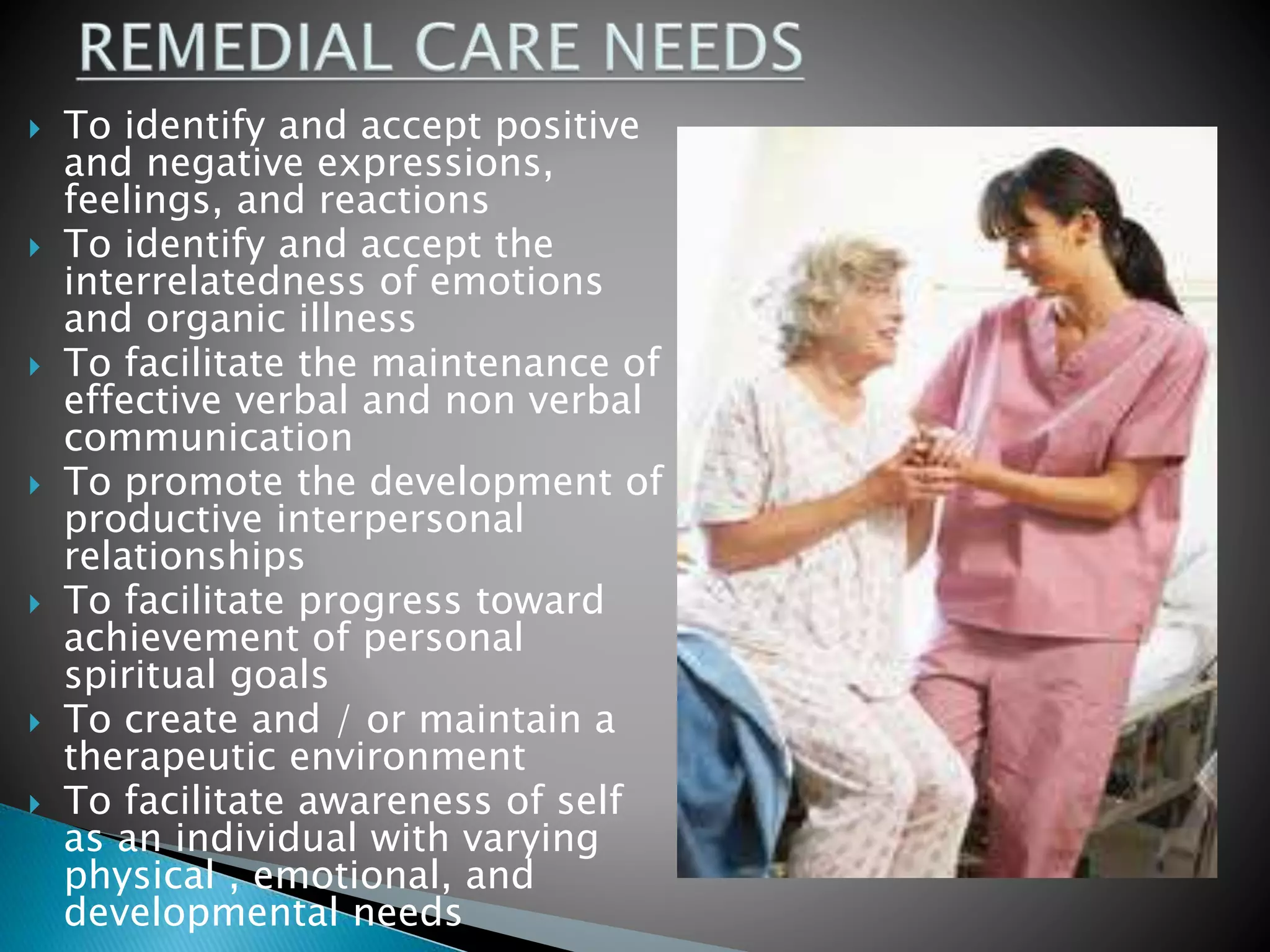  To identify and accept positive
and negative expressions,
feelings, and reactions
 To identify and accept the
interrelatedness of emotions
and organic illness
 To facilitate the maintenance of
effective verbal and non verbal
communication
 To promote the development of
productive interpersonal
relationships
 To facilitate progress toward
achievement of personal
spiritual goals
 To create and / or maintain a
therapeutic environment
 To facilitate awareness of self
as an individual with varying
physical , emotional, and
developmental needs
 