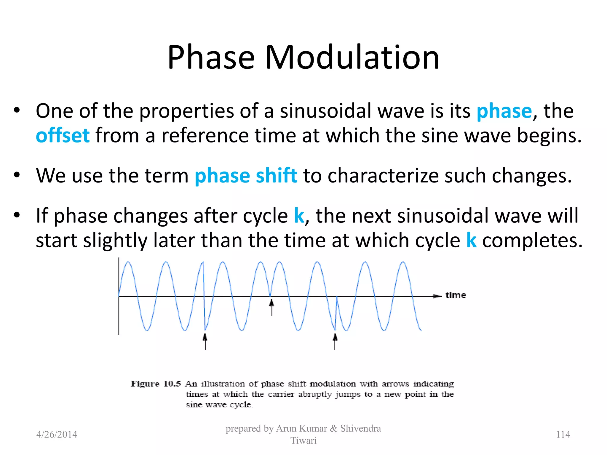Phase Modulation
• One of the properties of a sinusoidal wave is its phase, the
offset from a reference time at which the sine wave begins.
• We use the term phase shift to characterize such changes.
• If phase changes after cycle k, the next sinusoidal wave will
start slightly later than the time at which cycle k completes.
4/26/2014
prepared by Arun Kumar & Shivendra
Tiwari
114
 