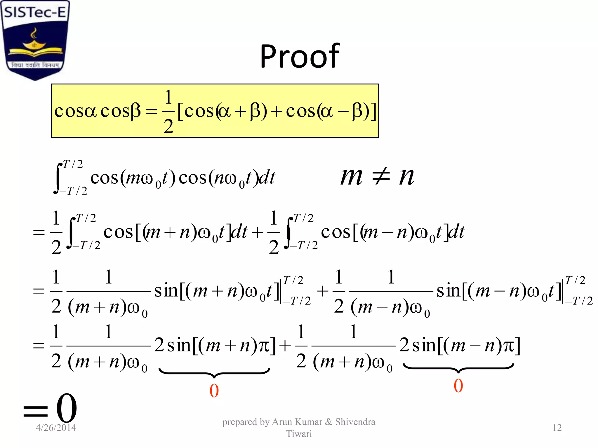 Proof
dttntm
T
T
2/
2/
00 )cos()cos(
0
)]cos()[cos(
2
1
coscos
dttnmdttnm
T
T
T
T
2/
2/
0
2/
2/
0 ])cos[(
2
1
])cos[(
2
1
2/
2/0
0
2/
2/0
0
])sin[(
)(
1
2
1
])sin[(
)(
1
2
1 T
T
T
T
tnm
nm
tnm
nm
m n
])sin[(2
)(
1
2
1
])sin[(2
)(
1
2
1
00
nm
nm
nm
nm
0
04/26/2014
prepared by Arun Kumar & Shivendra
Tiwari
12
 