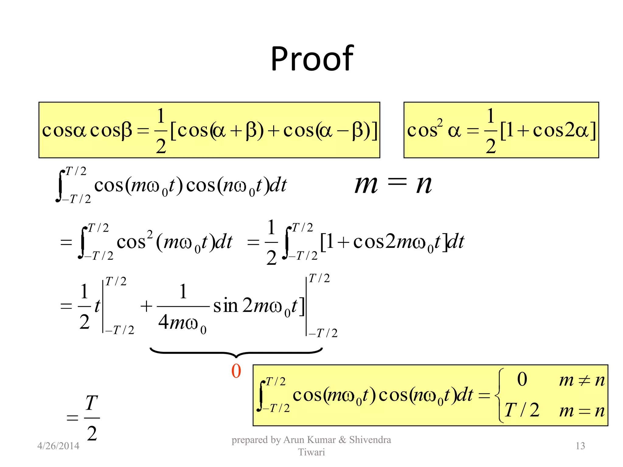 Proof
dttntm
T
T
2/
2/
00 )cos()cos(
0
)]cos()[cos(
2
1
coscos
dttm
T
T
2/
2/
0
2
)(cos
2/
2/
0
0
2/
2/
]2sin
4
1
2
1
T
T
T
T
tm
m
t
m = n
2
T
]2cos1[
2
1
cos2
dttm
T
T
2/
2/
0 ]2cos1[
2
1
nmT
nm
dttntm
T
T 2/
0
)cos()cos(
2/
2/
00
4/26/2014
prepared by Arun Kumar & Shivendra
Tiwari
13
 