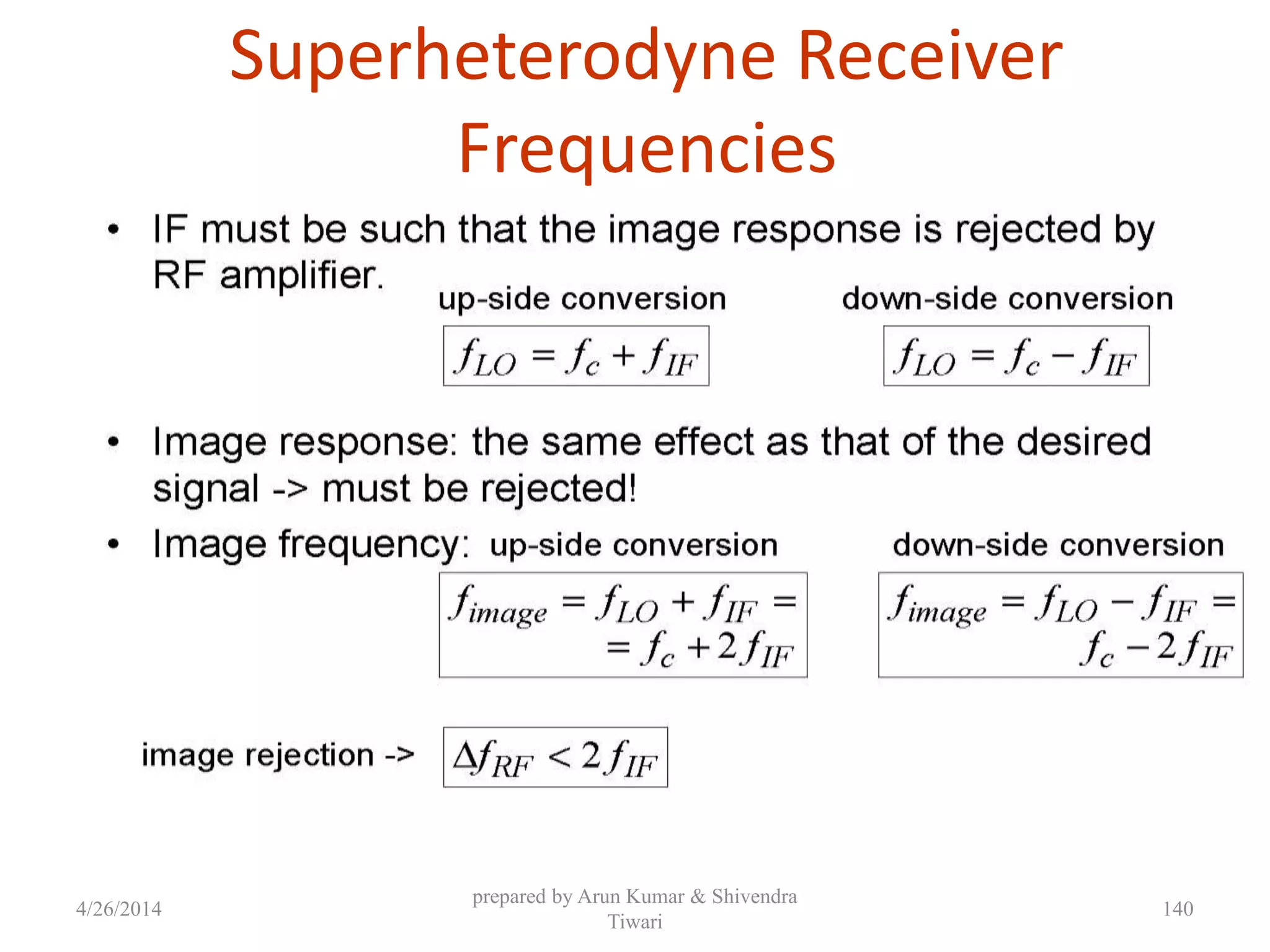 Superheterodyne Receiver
Frequencies
4/26/2014
prepared by Arun Kumar & Shivendra
Tiwari
140
 