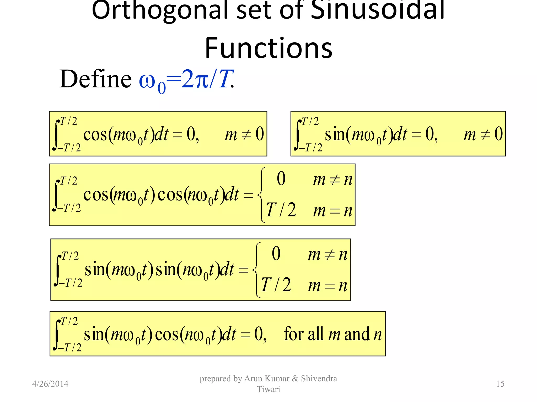 Orthogonal set of Sinusoidal
Functions
Define 0=2 /T.
0,0)cos(
2/
2/
0 mdttm
T
T
0,0)sin(
2/
2/
0 mdttm
T
T
nmT
nm
dttntm
T
T 2/
0
)cos()cos(
2/
2/
00
nmT
nm
dttntm
T
T 2/
0
)sin()sin(
2/
2/
00
nmdttntm
T
T
andallfor,0)cos()sin(
2/
2/
00
4/26/2014
prepared by Arun Kumar & Shivendra
Tiwari
15
 
