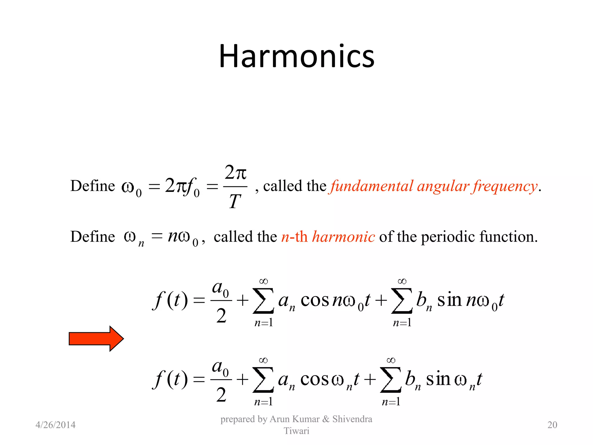 Harmonics
tnbtna
a
tf
n
n
n
n 0
1
0
1
0
sincos
2
)(
T
f
2
2 00
Define , called the fundamental angular frequency.
0nnDefine , called the n-th harmonic of the periodic function.
tbta
a
tf n
n
nn
n
n sincos
2
)(
11
0
4/26/2014
prepared by Arun Kumar & Shivendra
Tiwari
20
 