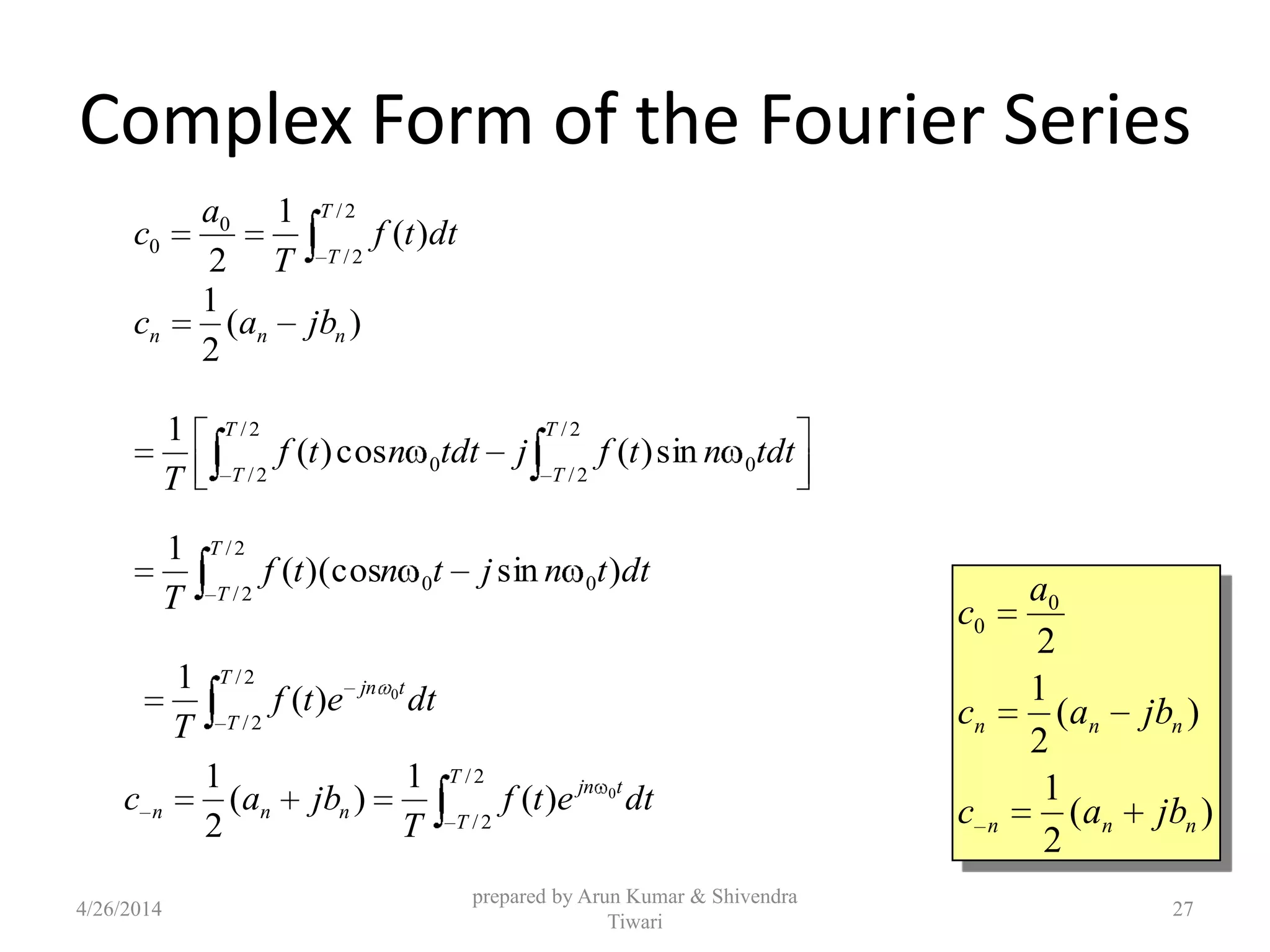 Complex Form of the Fourier Series
2/
2/
0
0 )(
1
2
T
T
dttf
T
a
c
)(
2
1
nnn jbac
2/
2/
0
2/
2/
0 sin)(cos)(
1 T
T
T
T
tdtntfjtdtntf
T
2/
2/
00 )sin)(cos(
1 T
T
dttnjtntf
T
2/
2/
0
)(
1 T
T
tjn
dtetf
T
2/
2/
0
)(
1
)(
2
1 T
T
tjn
nnn dtetf
T
jbac )(
2
1
)(
2
1
2
0
0
nnn
nnn
jbac
jbac
a
c
4/26/2014
prepared by Arun Kumar & Shivendra
Tiwari
27
 