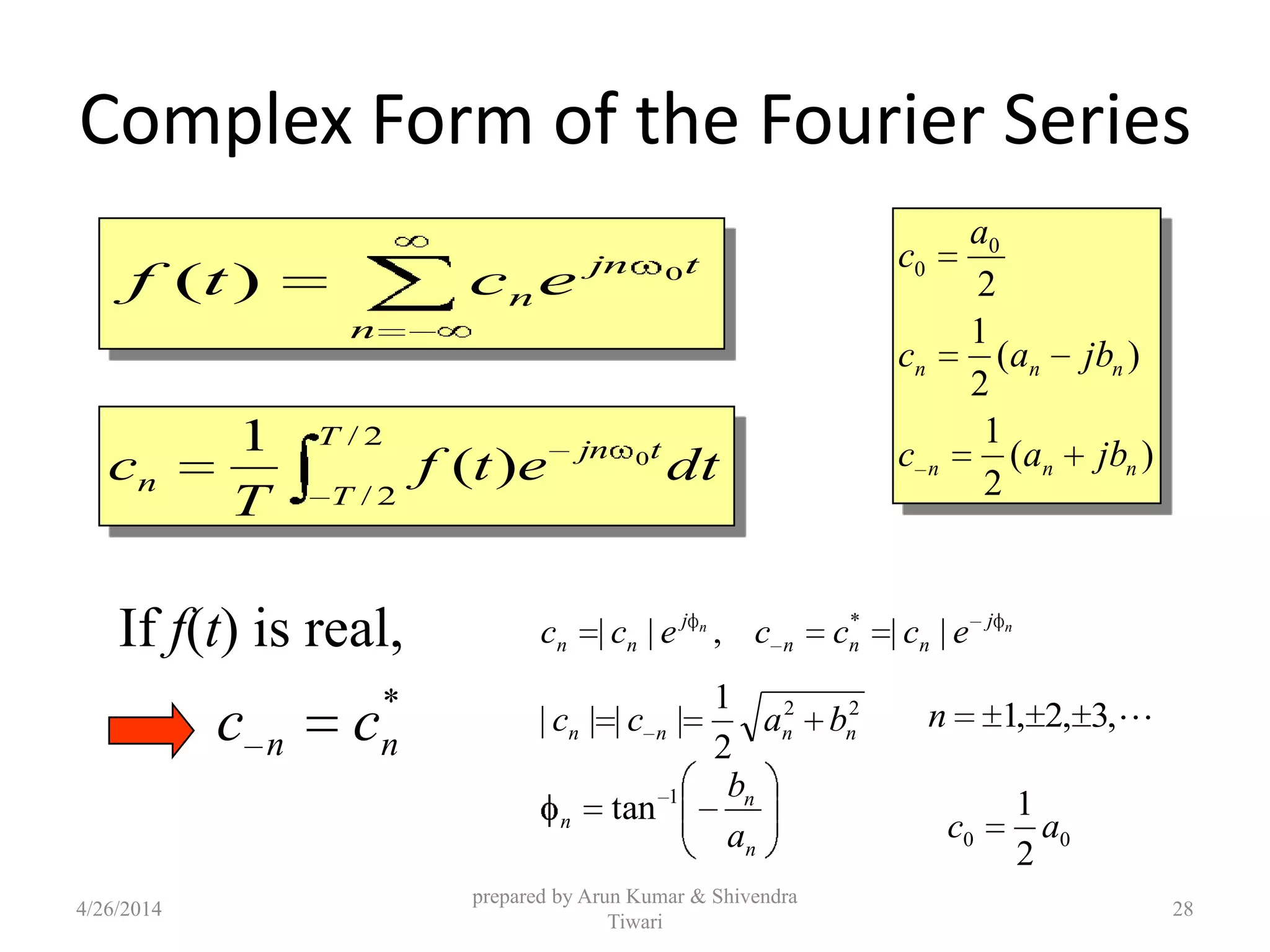 Complex Form of the Fourier Series
n
tjn
nectf 0
)(
dtetf
T
c
T
T
tjn
n
2/
2/
0
)(
1 )(
2
1
)(
2
1
2
0
0
nnn
nnn
jbac
jbac
a
c
If f(t) is real,
*
nn cc
nn j
nnn
j
nn ecccecc ||,|| *
22
2
1
|||| nnnn bacc
n
n
n
a
b1
tan
,3,2,1n
00
2
1
ac
4/26/2014
prepared by Arun Kumar & Shivendra
Tiwari
28
 