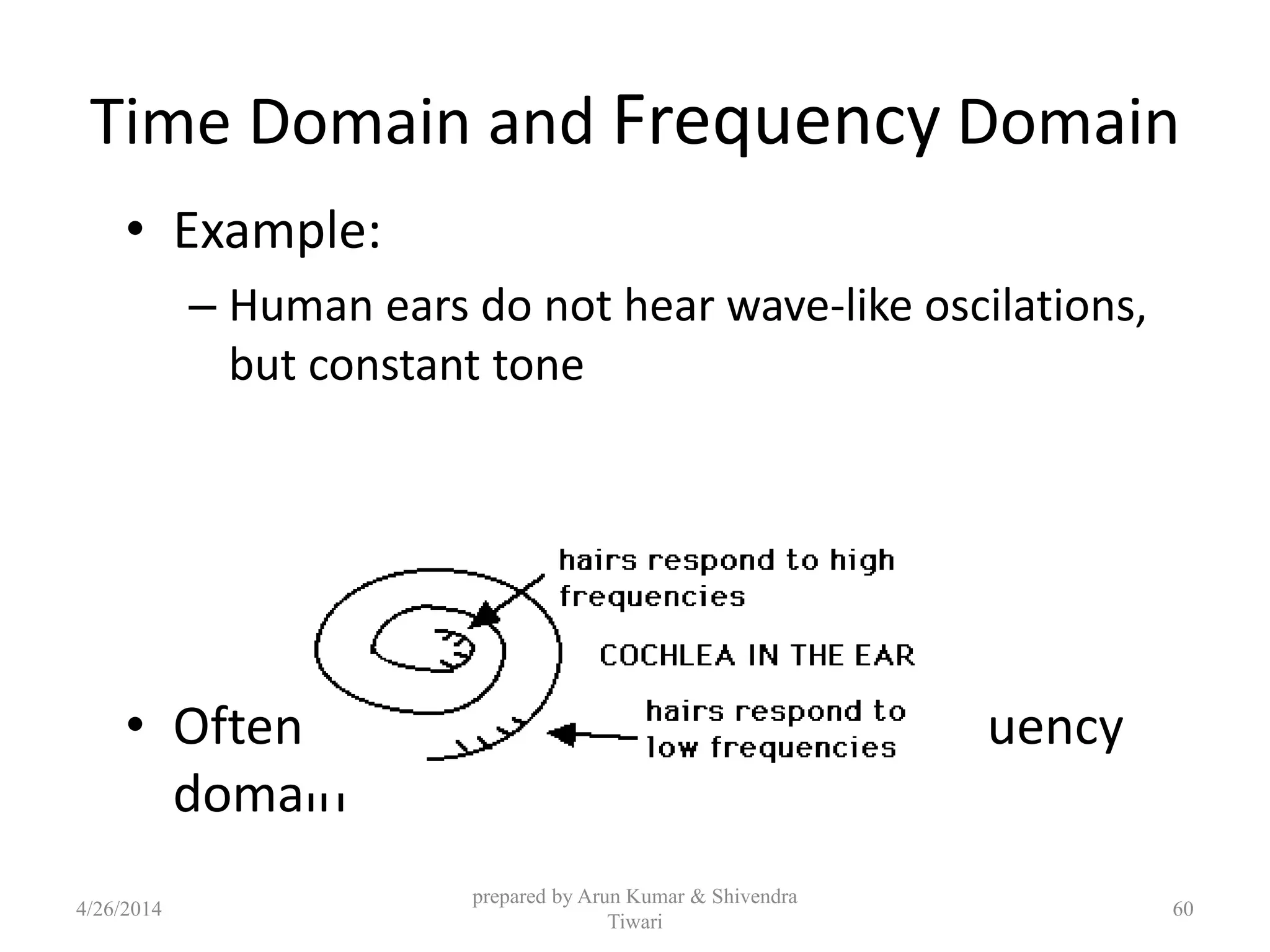 Time Domain and Frequency Domain
• Example:
– Human ears do not hear wave-like oscilations,
but constant tone
• Often it is easier to work in the frequency
domain
4/26/2014
prepared by Arun Kumar & Shivendra
Tiwari
60
 
