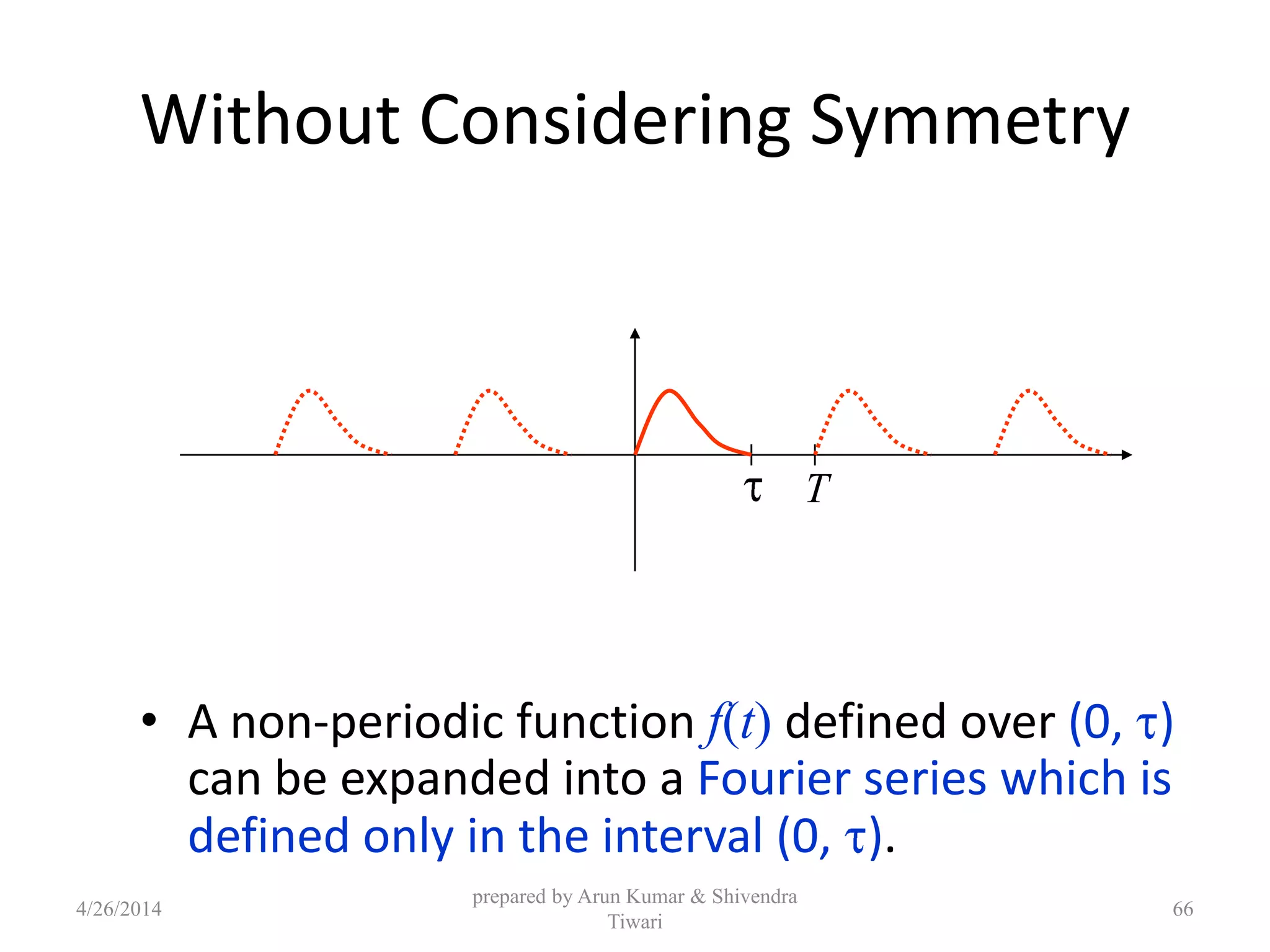 Without Considering Symmetry
• A non-periodic function f(t) defined over (0, )
can be expanded into a Fourier series which is
defined only in the interval (0, ).
T
4/26/2014
prepared by Arun Kumar & Shivendra
Tiwari
66
 