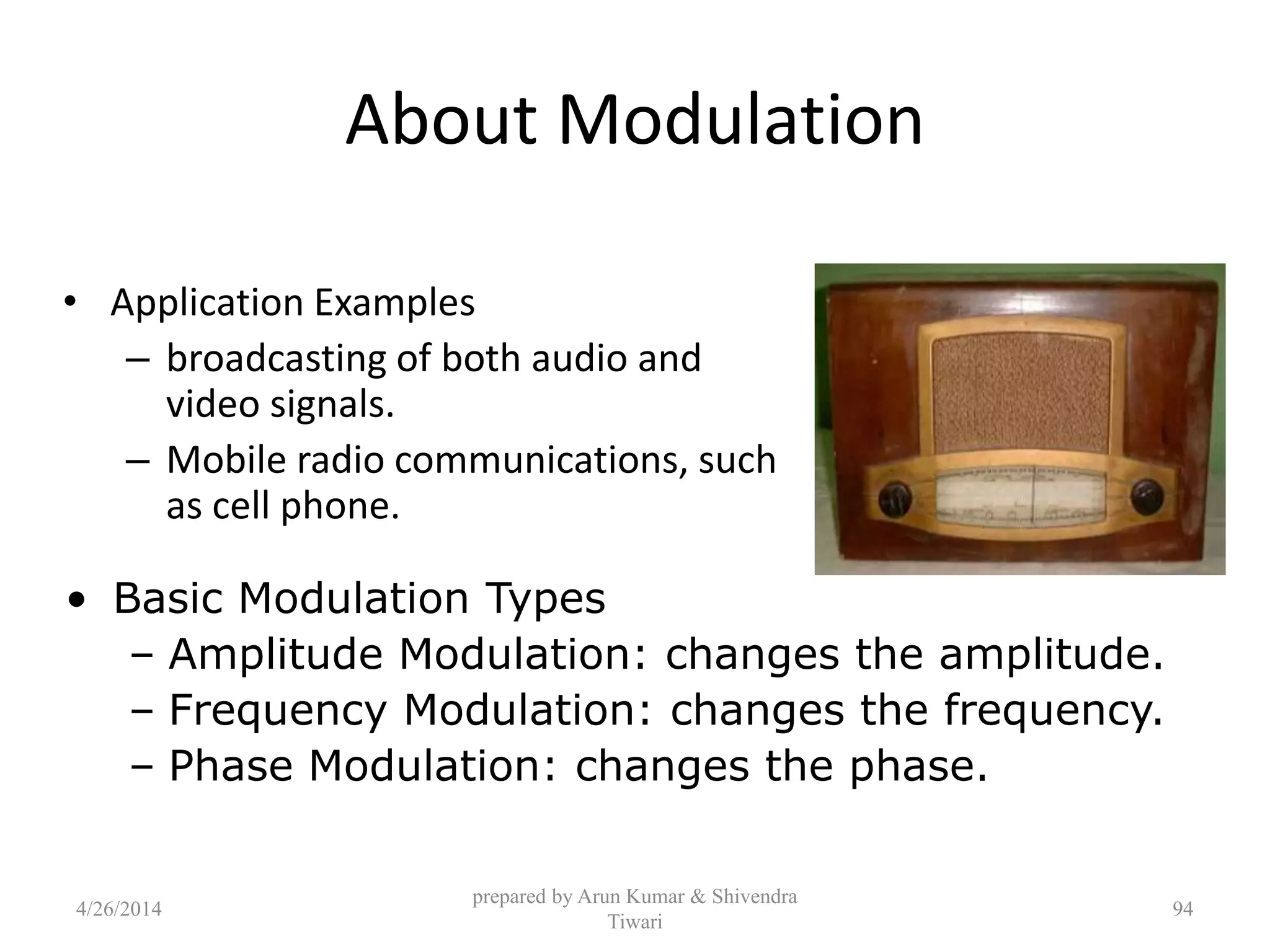 About Modulation
• Application Examples
– broadcasting of both audio and
video signals.
– Mobile radio communications, such
as cell phone.
prepared by Arun Kumar & Shivendra
Tiwari
• Basic Modulation Types
– Amplitude Modulation: changes the amplitude.
– Frequency Modulation: changes the frequency.
– Phase Modulation: changes the phase.
4/26/2014 94
 