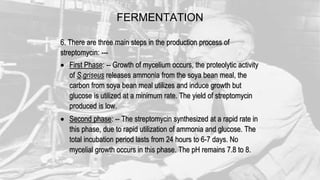 FERMENTATION
6. There are three main steps in the production process of
streptomycin: ---
 First Phase: -- Growth of mycelium occurs, the proteolytic activity
of S.griseus releases ammonia from the soya bean meal, the
carbon from soya bean meal utilizes and induce growth but
glucose is utilized at a minimum rate. The yield of streptomycin
produced is low.
 Second phase: -- The streptomycin synthesized at a rapid rate in
this phase, due to rapid utilization of ammonia and glucose. The
total incubation period lasts from 24 hours to 6-7 days. No
mycelial growth occurs in this phase. The pH remains 7.8 to 8.
 