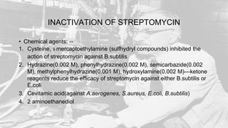 INACTIVATION OF STREPTOMYCIN
• Chemical agents: --
1. Cysteine, B-mercaptoethylamine (sulfhydryl compounds) inhibited the
action of streptomycin against B.subtilis.
2. Hydrazine(0.002 M), phenylhydrazine(0.002 M), semicarbazide(0.002
M), methylphenylhydrazine(0.001 M), hydroxylamine(0.002 M)—ketone
reagents reduce the efficacy of streptomycin against either B.subtilis or
E.coli
3. Cevitamic acid(against A.aerogenes, S.aureus, E.coli, B.subtilis)
4. 2 aminoethanediol
 