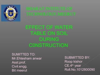 EFFECT OF WATER
TABLE ON SOIL
DURING
C0NSTRUCTION
BHARAT INTITUTE OF
TECHNOLOGY,MEERUT
SUMITTED TO:
Mr.Ehtesham anwar
Asst.prof.
Civil.engg.
Bit meerut
SUBMITTED BY:
Roop kishor
CE.4th
year
Roll.No.1012800090
 