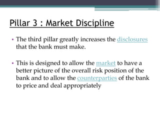 Pillar 3 : Market Discipline
• The third pillar greatly increases the disclosures
that the bank must make.
• This is designed to allow the market to have a
better picture of the overall risk position of the
bank and to allow the counterparties of the bank
to price and deal appropriately
 
