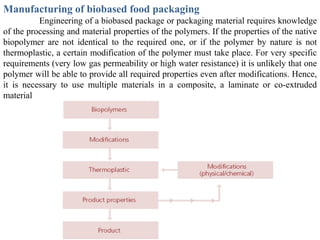 Manufacturing of biobased food packaging
          Engineering of a biobased package or packaging material requires knowledge
of the processing and material properties of the polymers. If the properties of the native
biopolymer are not identical to the required one, or if the polymer by nature is not
thermoplastic, a certain modification of the polymer must take place. For very specific
requirements (very low gas permeability or high water resistance) it is unlikely that one
polymer will be able to provide all required properties even after modifications. Hence,
it is necessary to use multiple materials in a composite, a laminate or co-extruded
material
 
