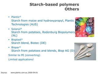 Starch-based polymers
                                Starch-based polymers
                                                Others Others
           Plantic®
            Starch from maize and hydroxypropyl, Plantic
            Technologies (AUS)
           Solanyl®
            Starch from potatoes, Rodenburg Biopolymers
            (NL)
           Bioplast®
            Starch blend, Biotec (DE)
           Biopar®
            Starch from potatoes and blends, Biop AG (D)
          Similar to PE (converting)
          Limited applications!




Source:     www.plantic.com.au 2009-04-01
 