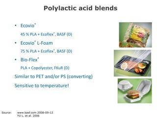 Polylactic acid blends

          • Ecovio®
             45 % PLA + Ecoflex®, BASF (D)

          • Ecovio® L-Foam
             75 % PLA + Ecoflex®, BASF (D)

          • Bio-Flex®
             PLA + Copolyester, FKuR (D)

          Similar to PET and/or PS (converting)
          Sensitive to temperature!




Source:    www.basf.com 2008-09-12
           YU L. et al. 2006
 