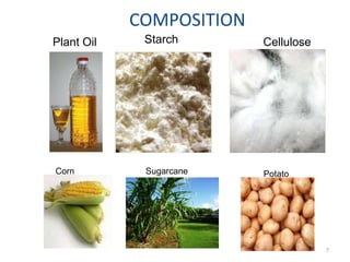 COMPOSITION
Plant Oil    Starch       Cellulose




Corn         Sugarcane    Potato




                                      7
 