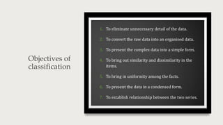 Objectives of
classification
1. To eliminate unnecessary detail of the data.
2. To convert the raw data into an organised data.
3. To present the complex data into a simple form.
4. To bring out similarity and dissimilarity in the
items.
5. To bring in uniformity among the facts.
6. To present the data in a condensed form.
7. To establish relationship between the two series.
 