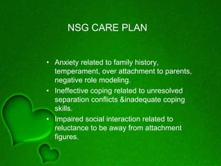 NSG CARE PLAN
• Anxiety related to family history,
temperament, over attachment to parents,
negative role modeling.
• Ineffective coping related to unresolved
separation conflicts &inadequate coping
skills.
• Impaired social interaction related to
reluctance to be away from attachment
figures.
 