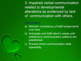 3. Impaired verbal communication
related to developmental
alterations as evidenced by lack
of communication with others.
Interventions:
a) Maintain consistency of staff assignments
over time
b) Anticipate and fulfill client’s needs until
satisfactory communication patterns are
established.
c) Practice these communication skills
repeatedly.
 